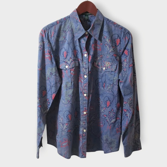 SOLD-Lauren Jeans Co Ralph Lauren Blue Paisley Cotton Button Up Shirt Womens L - Picture 2 of 11